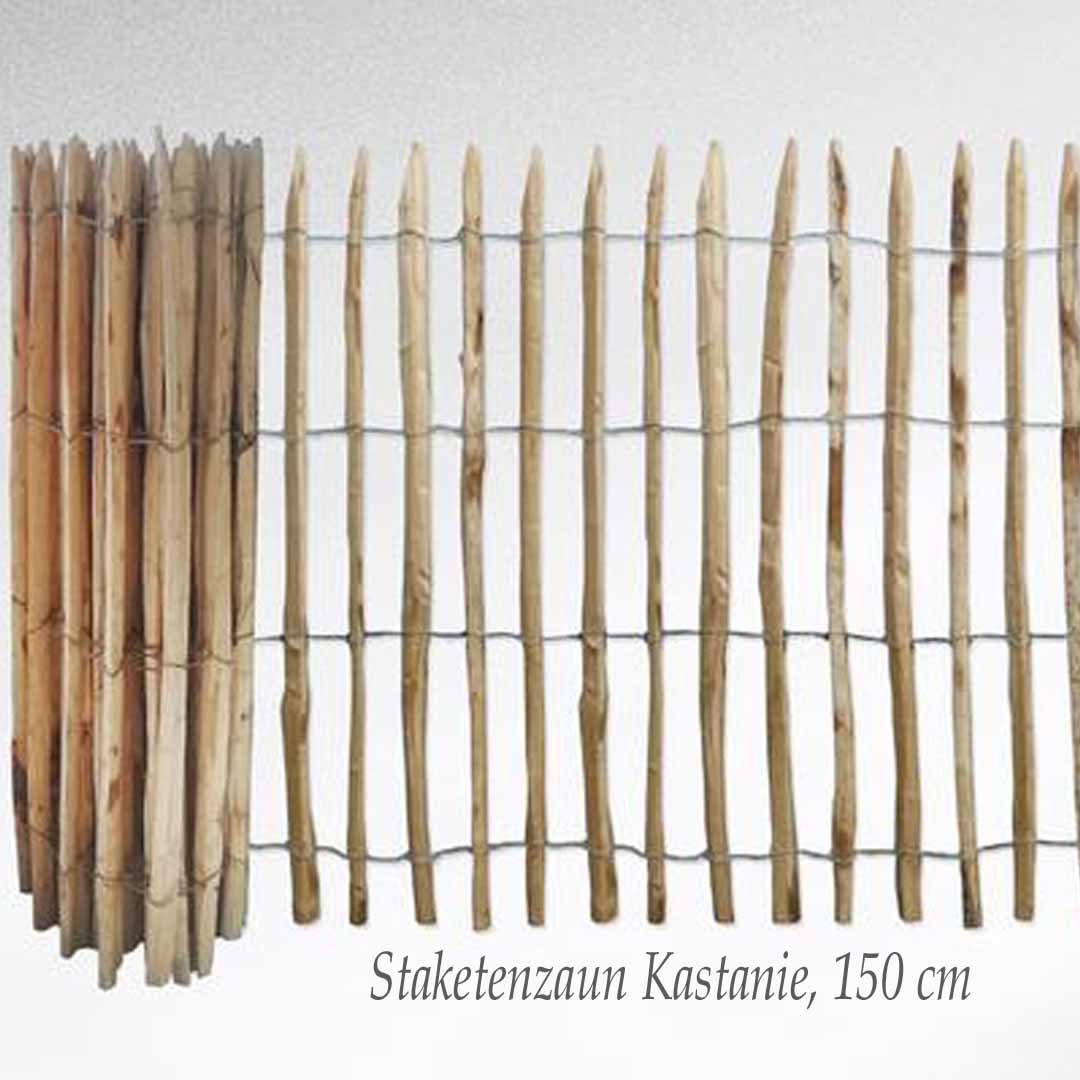 Staketenzaun aus Kastanie, 150 cm hoch, bietet erhöhten Sichtschutz