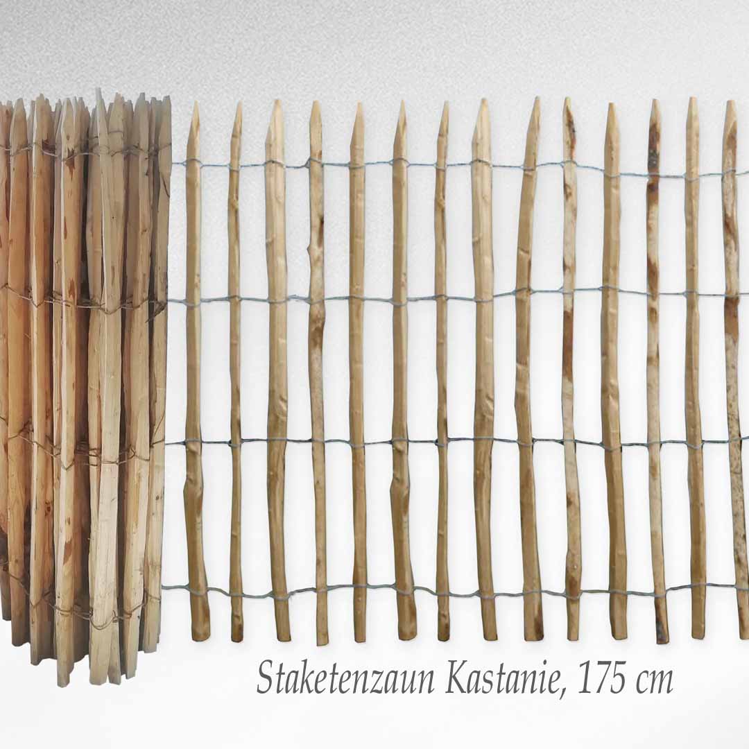175 cm hoher Staketenzaun aus Kastanienholz in voller Länge sichtbar