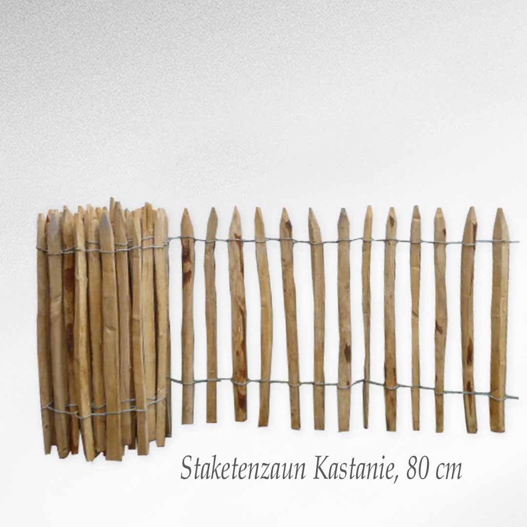 Staketenzaun aus Kastanienholz, 80 cm hoch, in einer Gartenumgebung